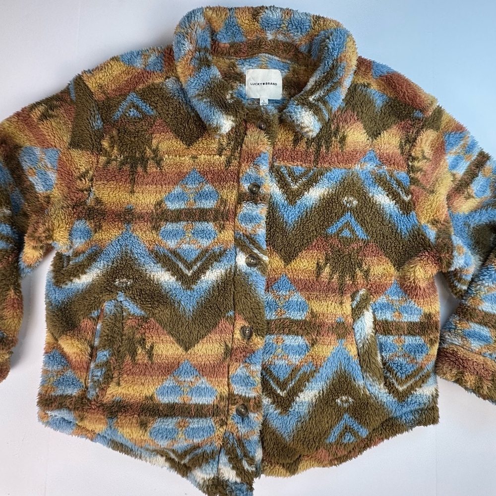 Lucky Brand Button Front Aztec Patterned High Pile Fleece Jacket Women's large
